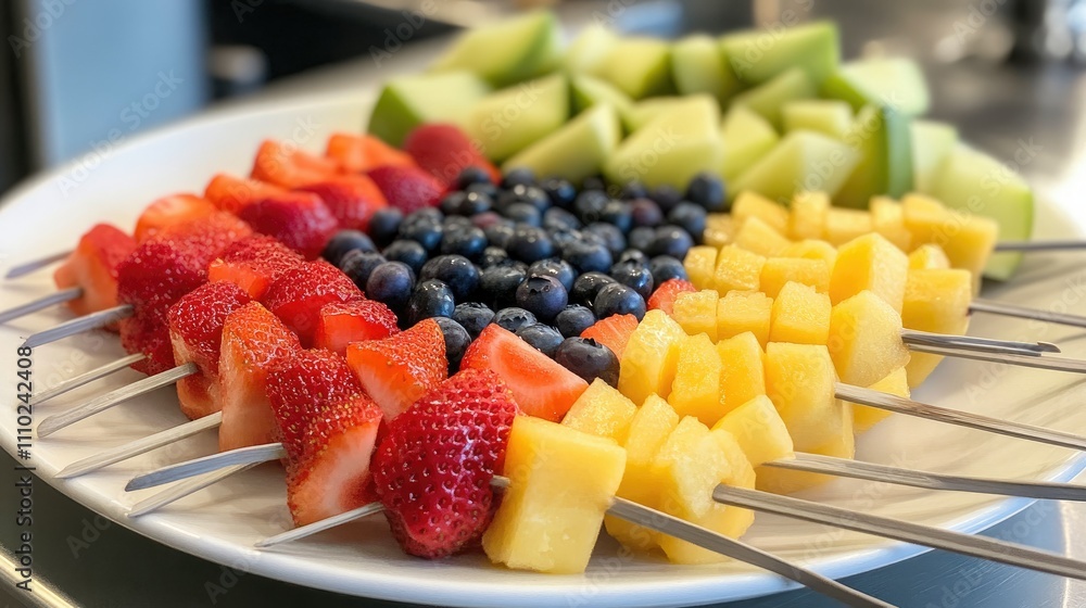 Fresh mixed fruit skewers arranged on a white plate, including strawberries, melons, and blueberries, ready for a healthy snack Fresh mixed fruit skewers arranged on a white plate, including strawberries, melons, and blueberries, ready for a healthy snack