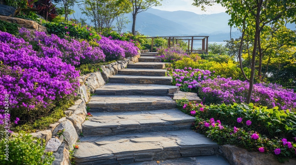 Obraz premium Serene Garden Pathway Surrounded by Vibrant Flowers