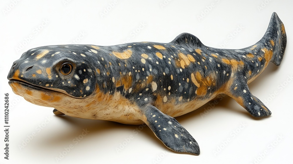 Detailed model of an ancient fish fossil, showcasing intricate details of scales and coloration against a white background. Detailed model of an ancient fish fossil, showcasing intricate details of scales and coloration against a white background.