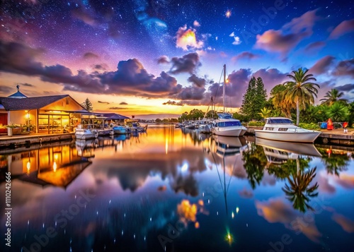 Captivating Night Photography at Pokonobe Marina Showcasing Serene Reflections and Vibrant Lights Over Still Waters, Ideal for Nature Lovers and Landscape Enthusiasts