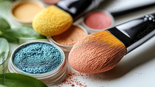 Colorful makeup products and brushes arranged beautifully on a white surface with natural elements nearby. Generative AI photo