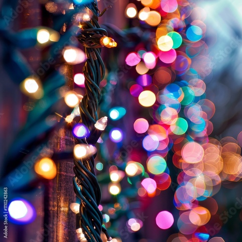 Christmas Garland on Blurred Background, Color Bokeh Circles, Beautiful Blur Xmas Night Lights Mockup photo