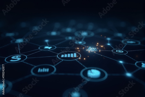 A network of pie chart bar graph and dollar sign symbolizes the interconnectedness of various financial elements and the global nature of the financial market.