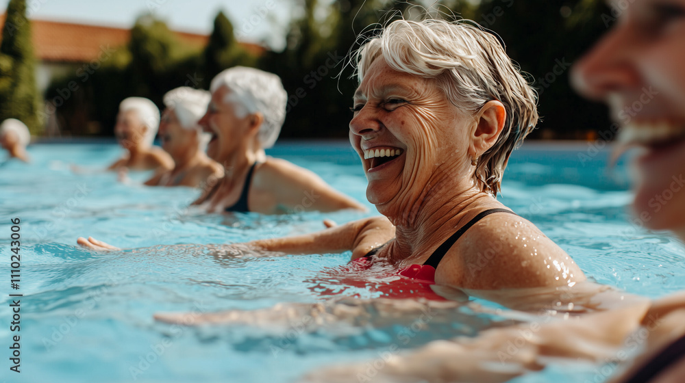 Fototapeta premium Energetic Senior Women Enjoying Water Aerobics