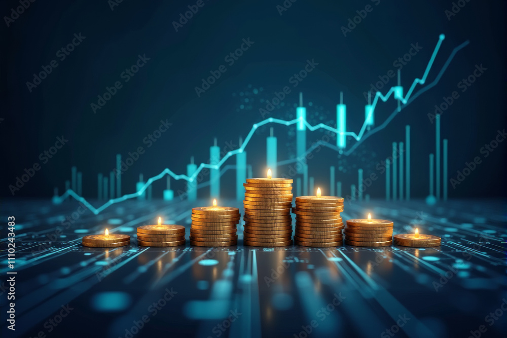 custom made wallpaper toronto digitalA towering stack of Bitcoin coins, symbolizing the growth and value of the cryptocurrency. The coins are illuminated by a soft blue light, creating a futuristic and dynamic scene.