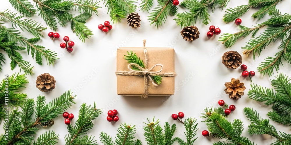 A simple gift wrapped in brown paper with a twine bow surrounded by pine branches, pine cones, and red berries on a white background. A simple gift wrapped in brown paper with a twine bow surrounded by pine branches, pine cones, and red berries on a white background.