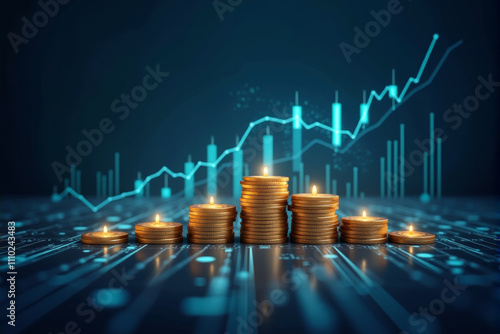 Wallpaper Mural A towering stack of Bitcoin coins, symbolizing the growth and value of the cryptocurrency. The coins are illuminated by a soft blue light, creating a futuristic and dynamic scene. Torontodigital.ca