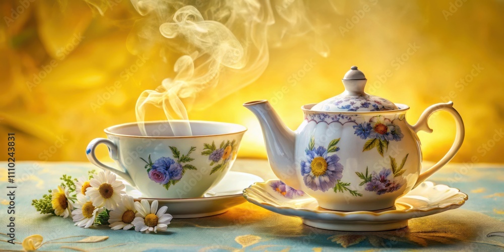 Fototapeta premium A delicate porcelain teapot and teacup adorned with floral patterns, emitting a warm, inviting steam against a soft yellow backdrop.
