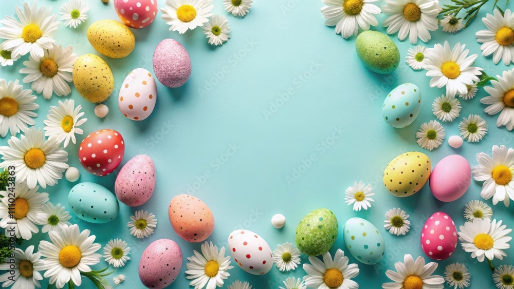 Easter eggs and daisies on a blue background, a festive and cheerful spring backdrop Easter eggs and daisies on a blue background, a festive and cheerful spring backdrop