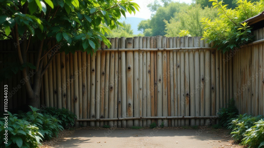 Fototapeta premium Wabi-sabi Traditional bamboo fence surrounded by greenery