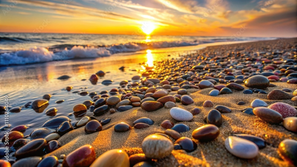 Obraz premium A golden sunset casts long shadows across smooth, colorful pebbles on the sandy shore of a serene ocean beach.