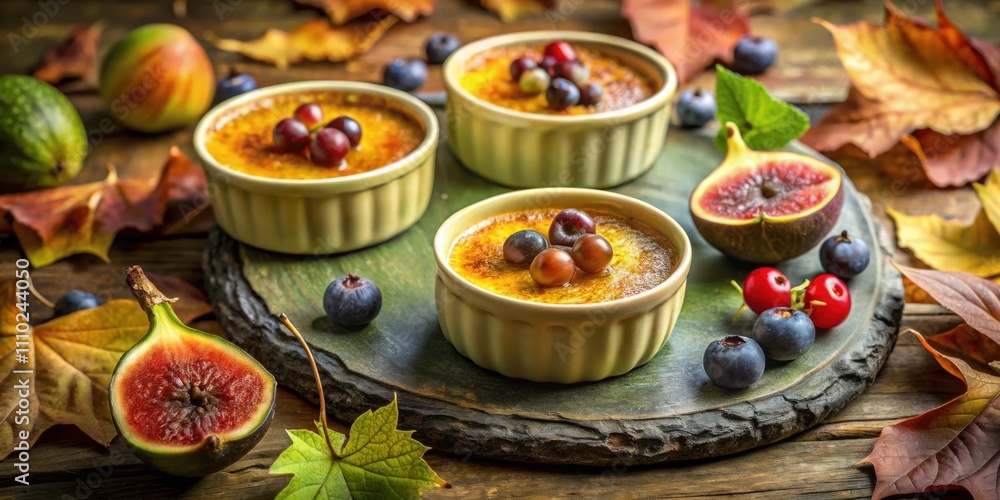 Autumnal Dessert Creamy Custard with Berries and Figs Served on Rustic Wooden Table with Fall Leaves Autumnal Dessert Creamy Custard with Berries and Figs Served on Rustic Wooden Table with Fall Leaves