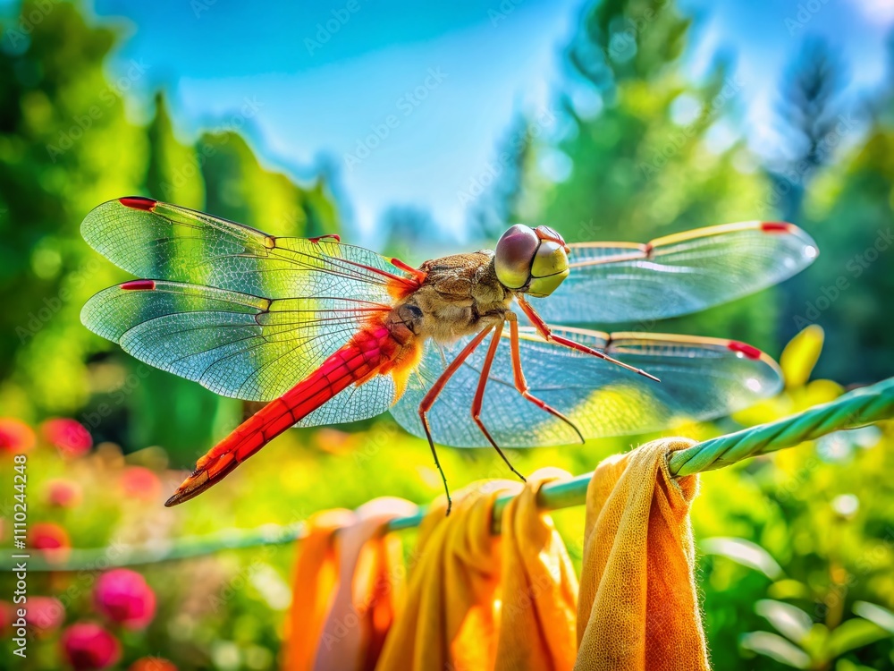 Captivating Panoramic View of a Female Vagrant Darter Sympetrum vulgatum Resting Gracefully on Colorful Laundry in a Serene Outdoor Setting Captivating Panoramic View of a Female Vagrant Darter Sympetrum vulgatum Resting Gracefully on Colorful Laundry in a Serene Outdoor Setting
