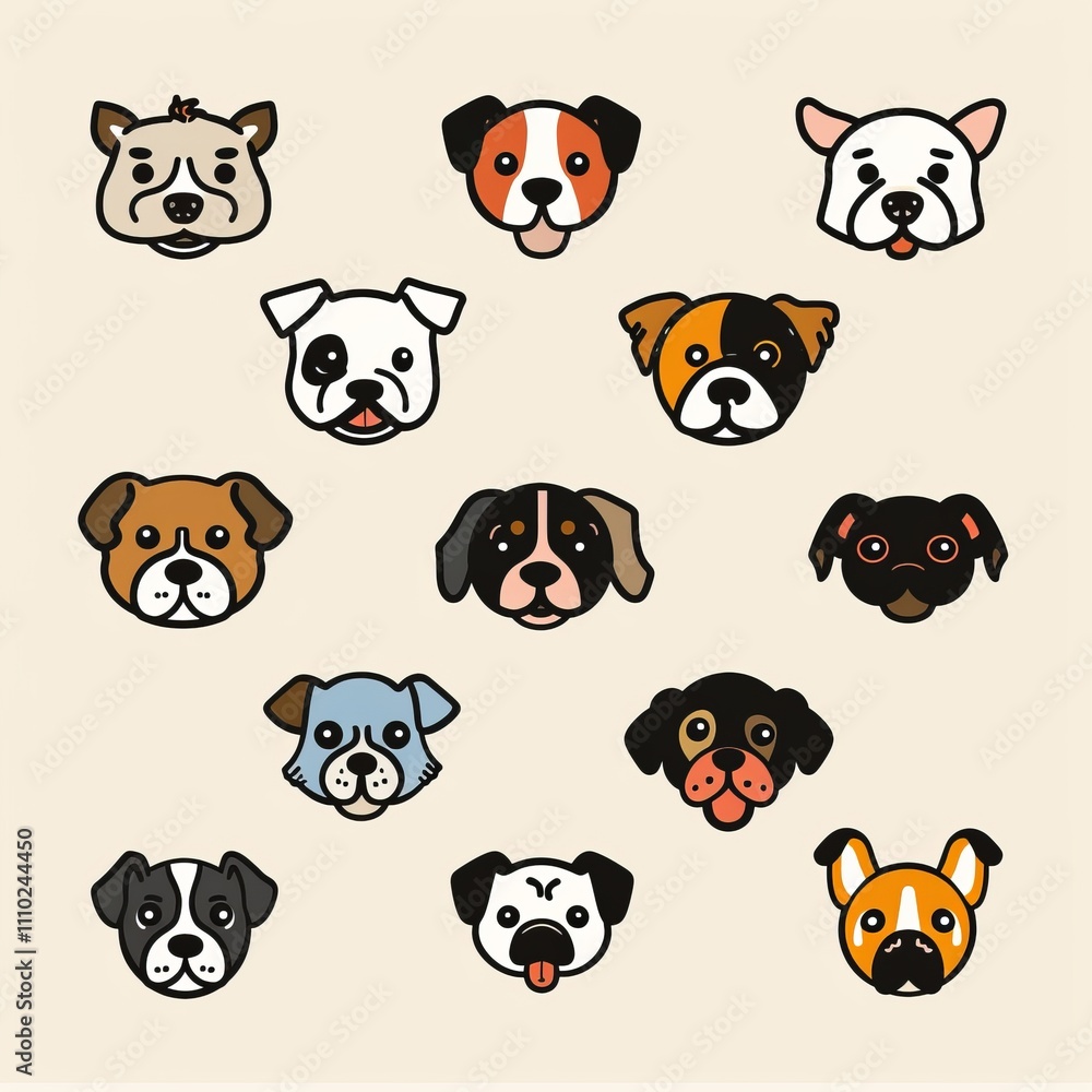 Obraz premium Cute dog icon set, pet animal flat symbols, puppy icons silhouettes, funny dog character pictogram