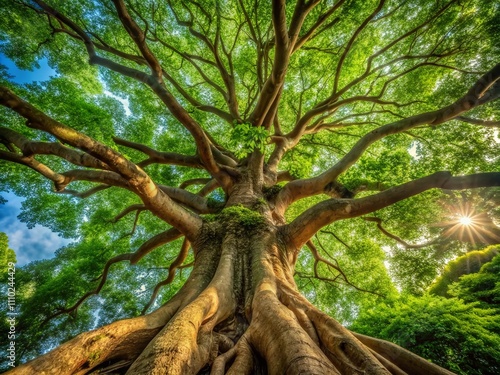 Captivating Portrait of a Kadam Tree in Natural Light, Showcasing Its Unique Bark Texture and Lush Green Leaves Against a Softly Blurred Background photo