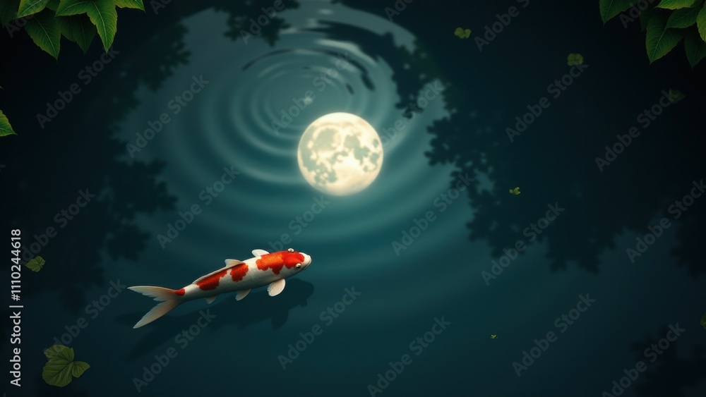 Naklejka premium Wabi-sabi A koi fish gracefully swimming in a moonlit pond, creating a tranquil and mystical scene.