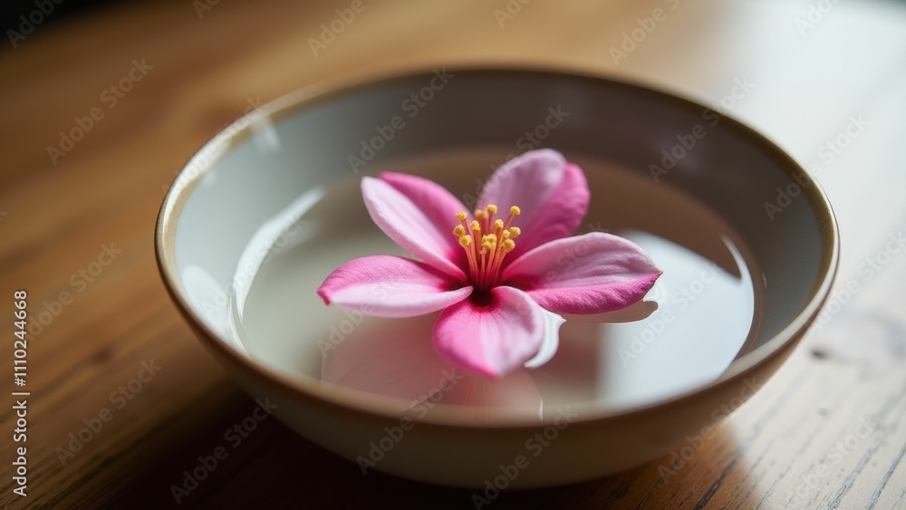 Wabi-sabi A pink lotus flower delicately floating in a bowl of water, symbolizing serenity and purity. Wabi-sabi A pink lotus flower delicately floating in a bowl of water, symbolizing serenity and purity.