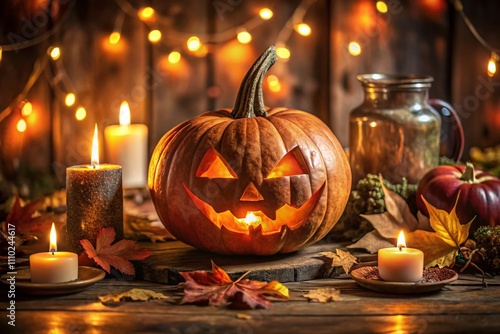 Captivating Portrait of a Spooky Halloween Jack-o'-Lantern with Intricate Designs at a Cozy Fall Gathering Surrounded by Autumn Leaves and Warm Candlelight photo