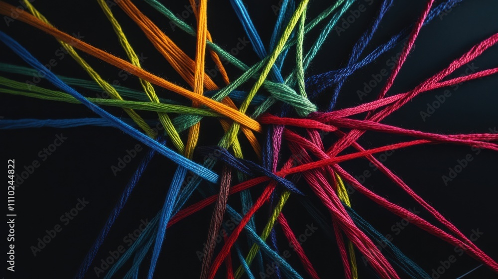 An evocative depiction of abstract, multi-colored threads forming an intricate, unified pattern on a dark background