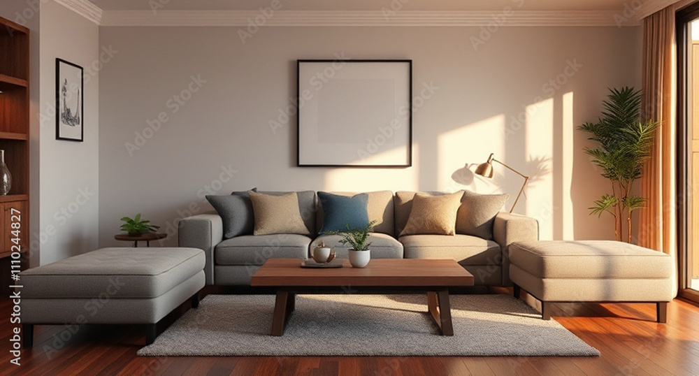 Fototapeta premium interior with sofa and wooden coffee table - 3d rendered illustration