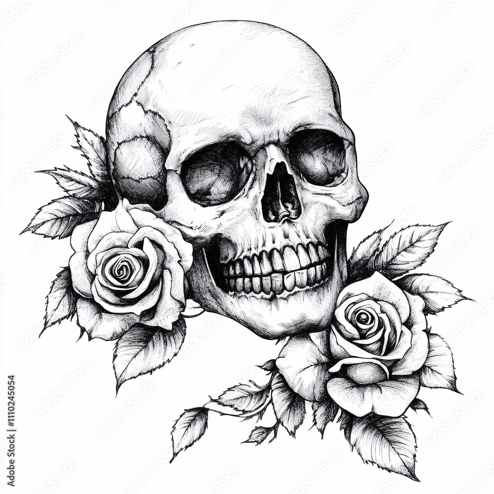Fototapeta premium Detailed pencil drawing of a skull adorned with roses,