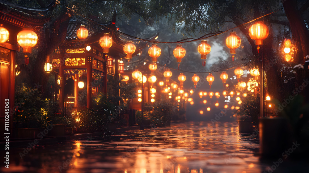 Rainy Night Lantern Lit Street 3D Illustration Rainy Night Lantern Lit Street 3D Illustration