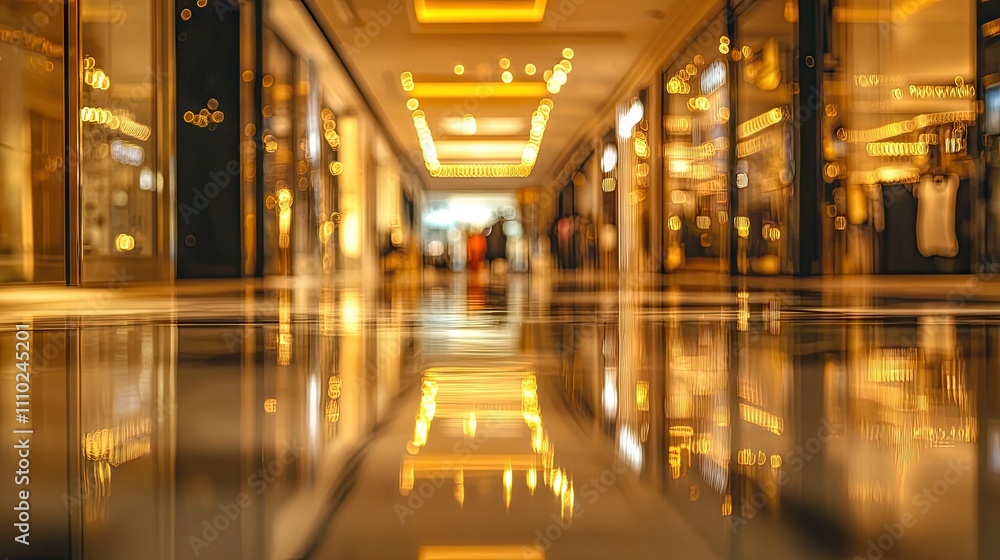 Soft-focus on reflective surfaces in a luxury mall, with blurred golden lights and artistic displays Soft-focus on reflective surfaces in a luxury mall, with blurred golden lights and artistic displays