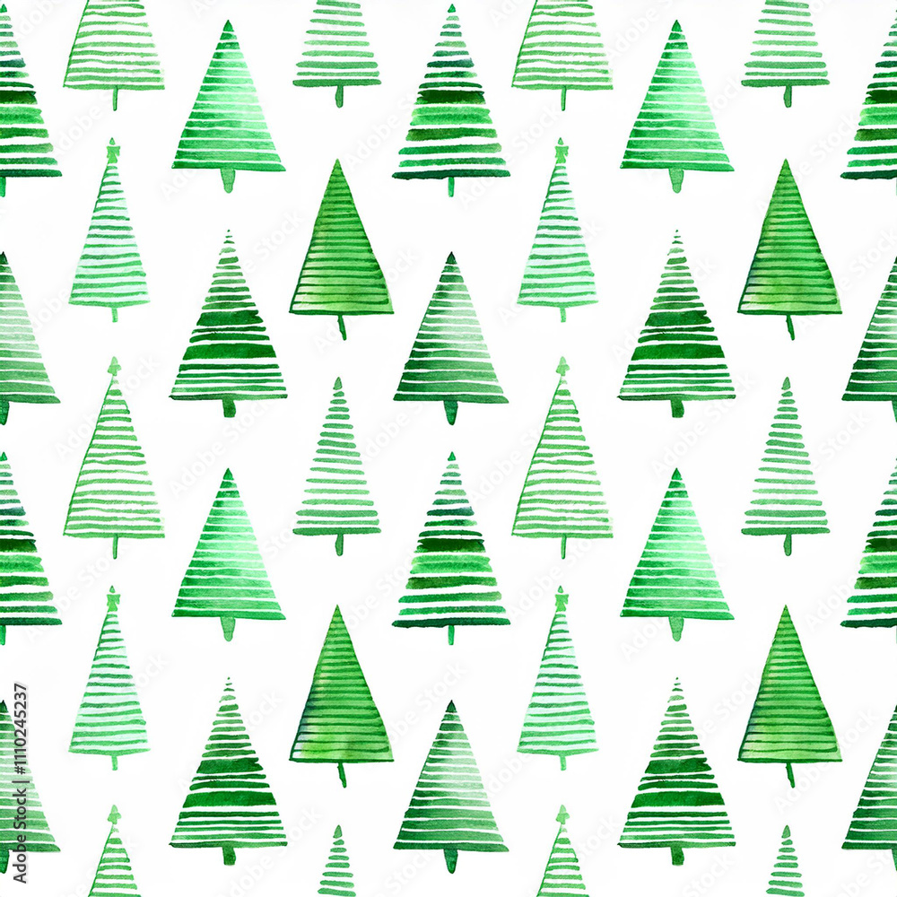 Obraz premium Christmas trees hand-painted with watercolors in shades of green - seamless abstract lined pattern background