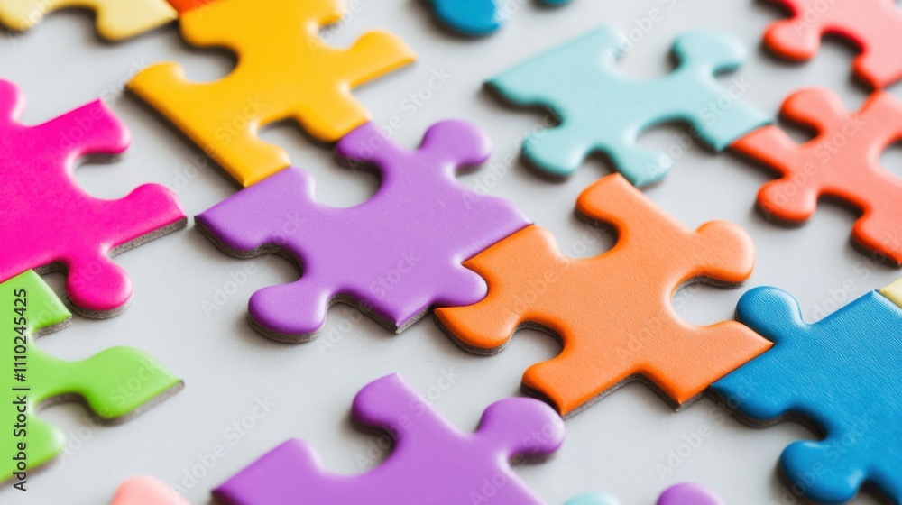 An evocative depiction of colorful, abstract puzzle pieces fitting together perfectly on a smooth, neutral background