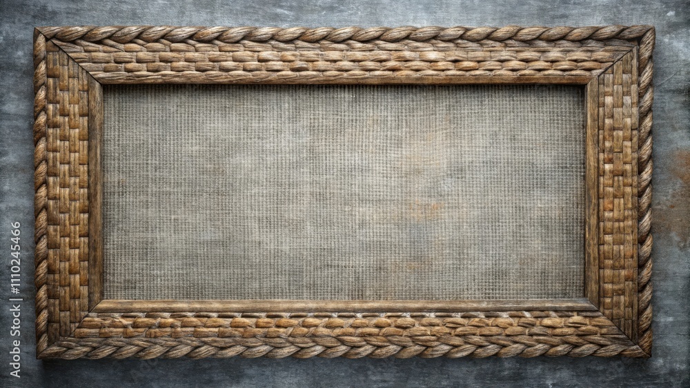 A weathered, rustic wooden frame with a woven rope border, showcasing a canvas background ready for your design A weathered, rustic wooden frame with a woven rope border, showcasing a canvas background ready for your design