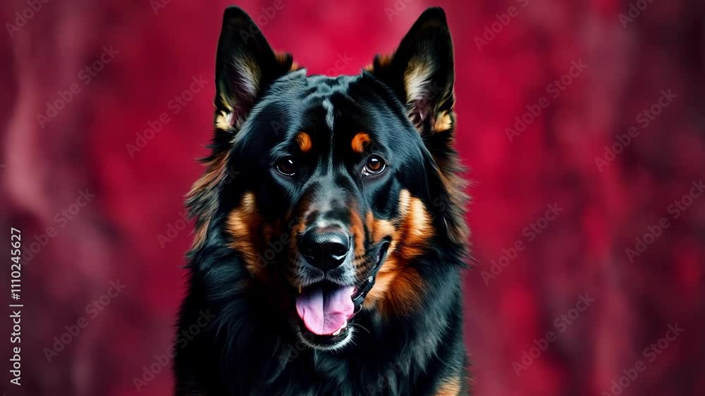 Energetic german shepherd dog capturing attention with lively expressions against red backdrop Energetic german shepherd dog capturing attention with lively expressions against red backdrop