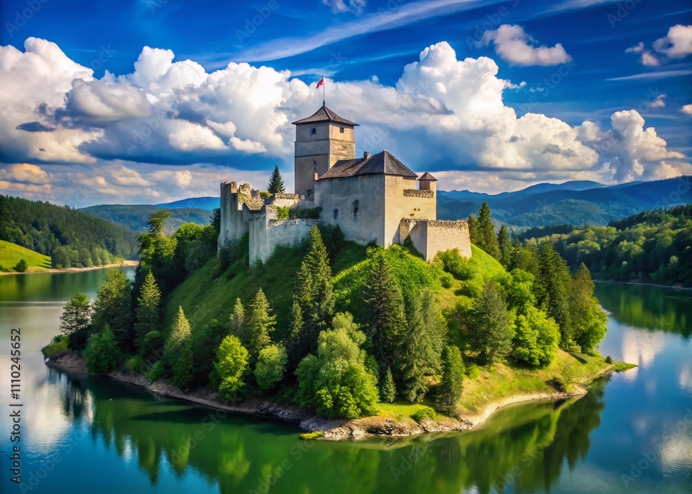 Fototapeta premium Captivating Product Photography of Niedzica Castle Under Bright Sunshine, Showcasing Its Majestic Architecture and Scenic Surroundings Perfect for Travel and Tourism Promotion