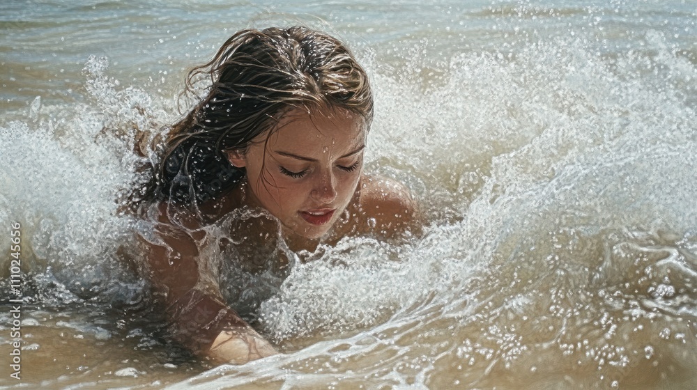 Obraz premium Young woman enjoying in water at beach