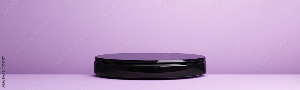 Sleek black podium with a glossy finish, placed against a muted lavender background with plenty of space around it for product placement. Sleek black podium with a glossy finish, placed against a muted lavender background with plenty of space around it for product placement.