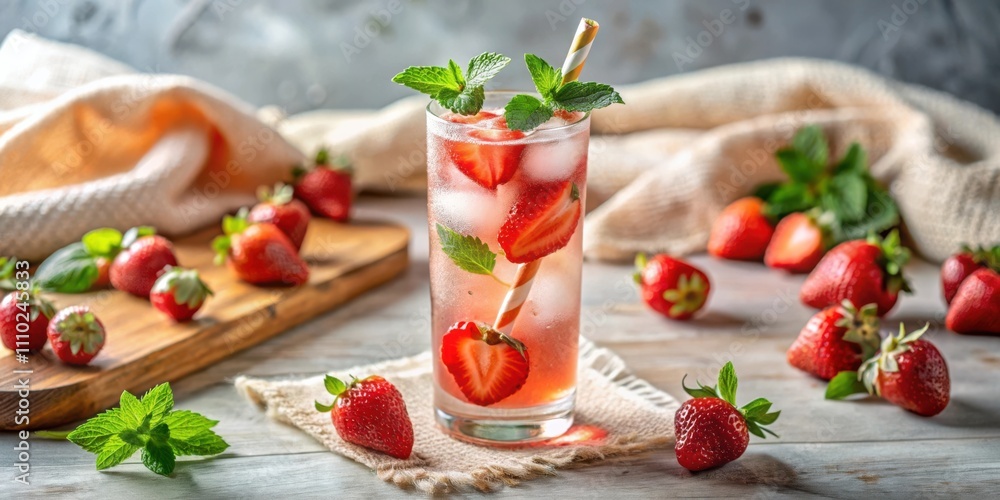 A refreshing summer beverage with ice, strawberries, and mint leaves, a perfect drink for a hot day A refreshing summer beverage with ice, strawberries, and mint leaves, a perfect drink for a hot day