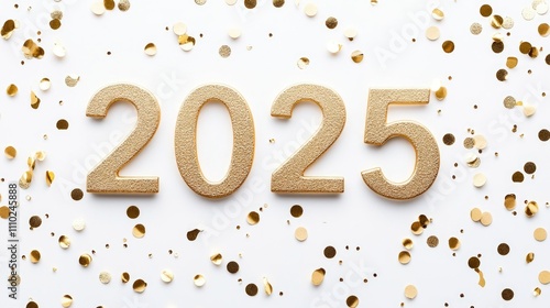 The number  in elegant gold font, centered on a white background, with scattered golden confetti around it photo