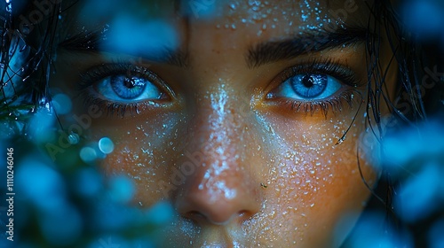 Captivating gaze of a young woman through misty foliage in soft light