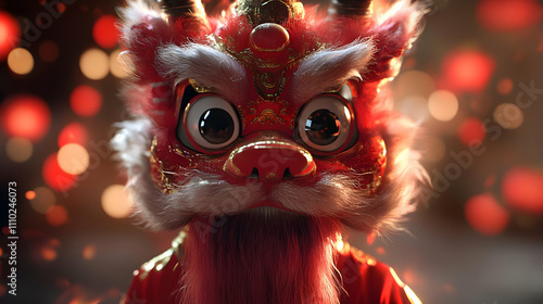 Cute 3D Lion Dance Illustration, Festive Red and Gold