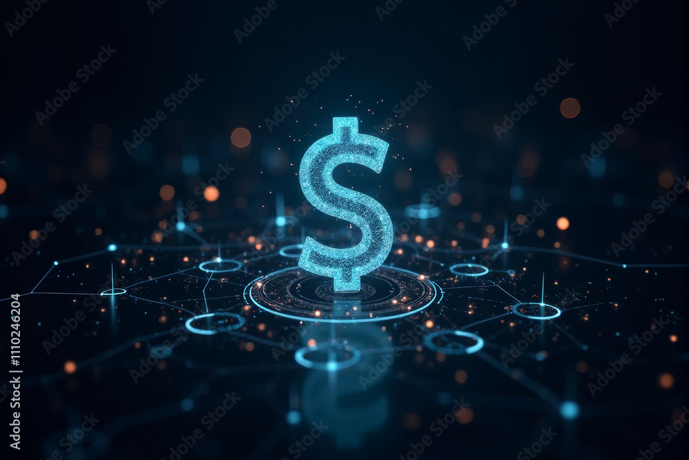 A glowing dollar sign at the center of a network A glowing dollar sign at the center of a network