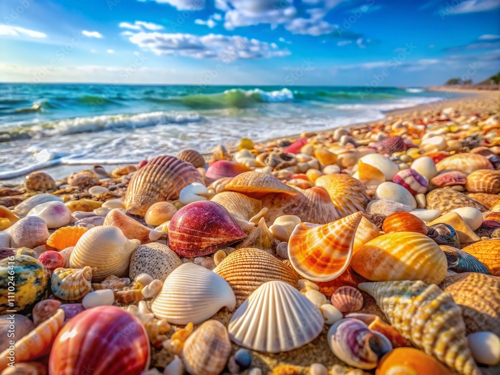 Captivating Seashells on a Pristine Beach: A Stunning Close-Up Display of Nature's Artistry with High Depth of Field, Showcasing Vibrant Colors and Intricate Patterns of Shells Captivating Seashells on a Pristine Beach: A Stunning Close-Up Display of Nature's Artistry with High Depth of Field, Showcasing Vibrant Colors and Intricate Patterns of Shells