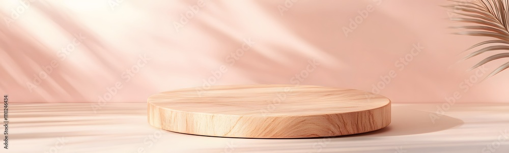 Polished wooden podium with natural grain, placed on a light floor with a soft pastel peach background and ample space for a product. Polished wooden podium with natural grain, placed on a light floor with a soft pastel peach background and ample space for a product.