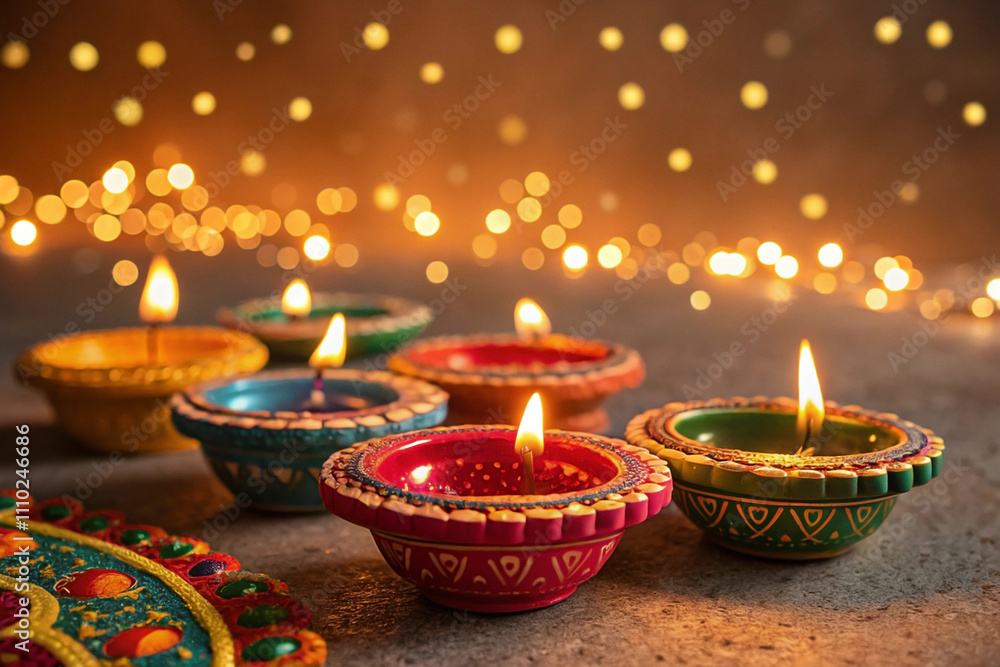 Colorful diyas illuminated with warm bokeh lights. Colorful diyas illuminated with warm bokeh lights.