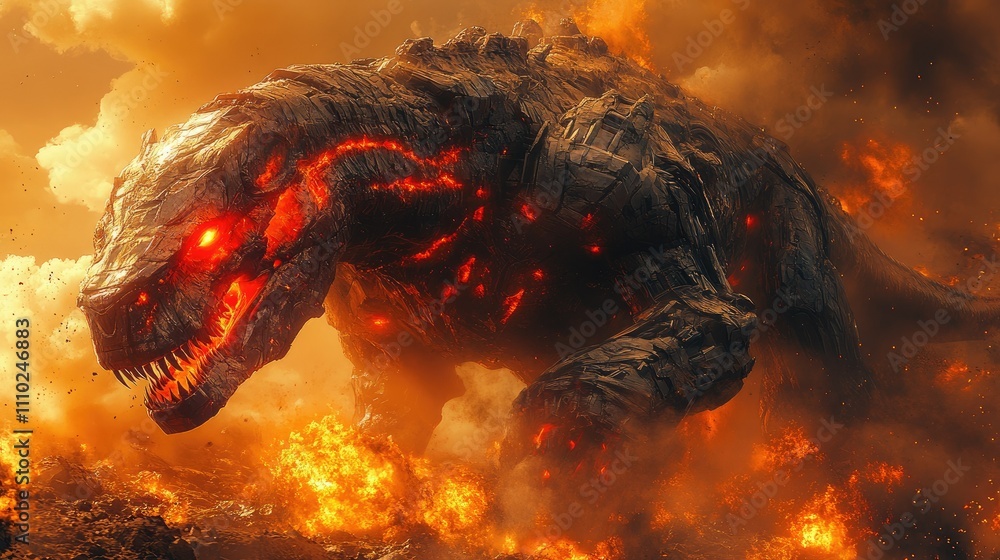 Fiery, stone dinosaur emerges from volcanic eruption. Fiery, stone dinosaur emerges from volcanic eruption.