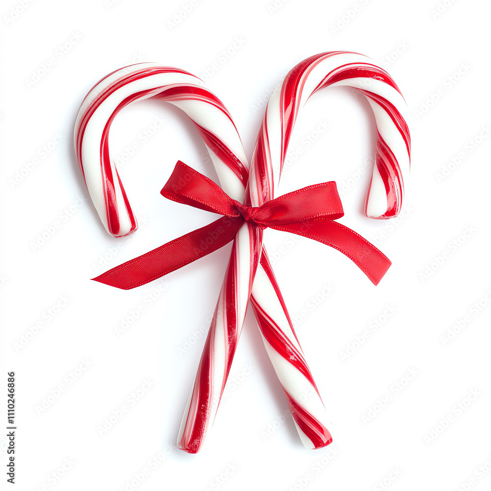 Two candy canes tied with a red ribbon, perfect for holiday decorations. Two candy canes tied with a red ribbon, perfect for holiday decorations.
