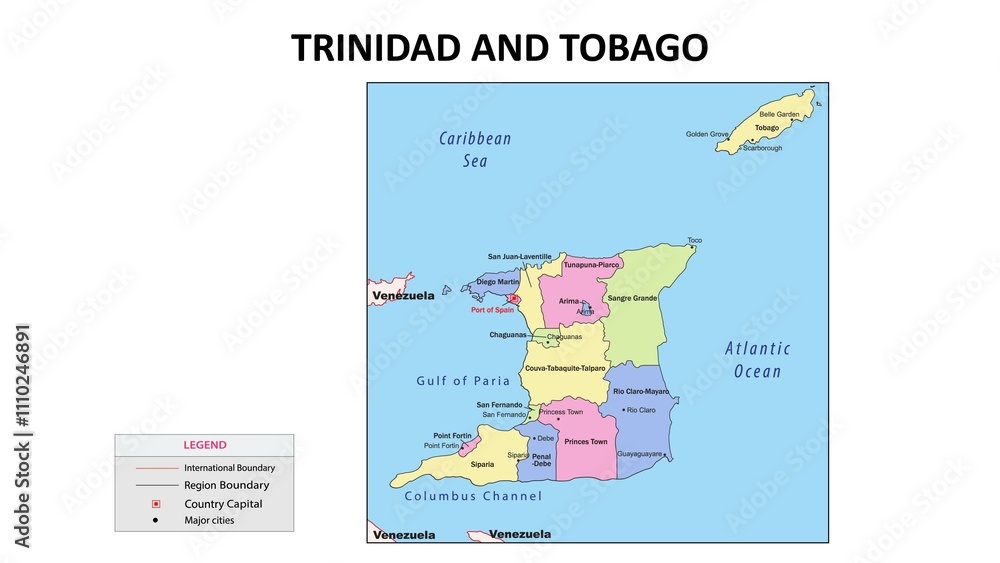 Fototapeta Trinidad and Tobago Map. State and union territories of Trinidad and Tobago with neighbouring countries. Political map of Trinidad and Tobago with capital and important cities in Detailed.