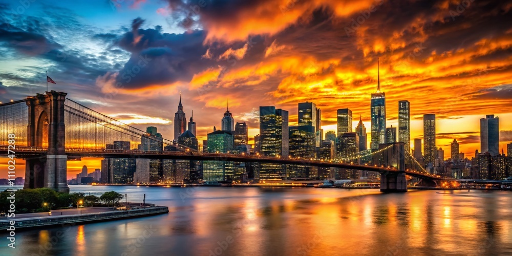 Fototapeta premium Captivating Silhouette Photography of Manhattan's Urban Landscape at Dusk, Showcasing Iconic Skyscrapers and City Lights Against a Vibrant Sunset Sky in New York City