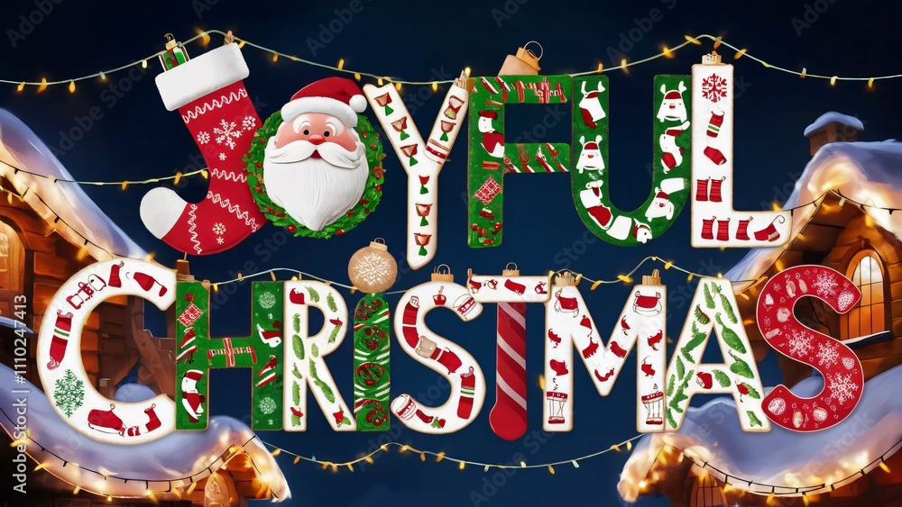 Obraz premium Joyful Christmas, Festive Letters with Santa, Stockings & Winter Wonderland Design for Holiday Cards & Decorations