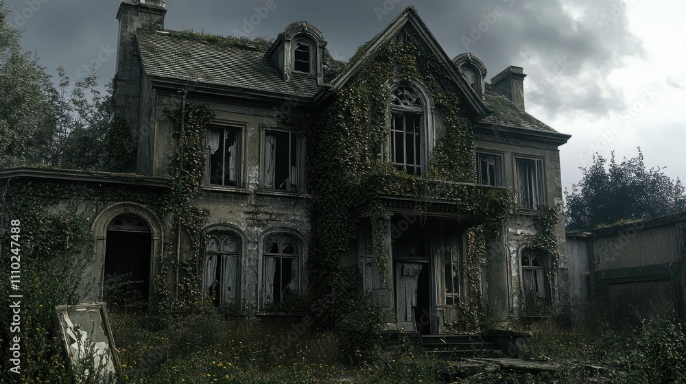 An abandoned Victorian house with broken windows, overgrown vines covering the walls, and a gloomy overcast sky in the background An abandoned Victorian house with broken windows, overgrown vines covering the walls, and a gloomy overcast sky in the background