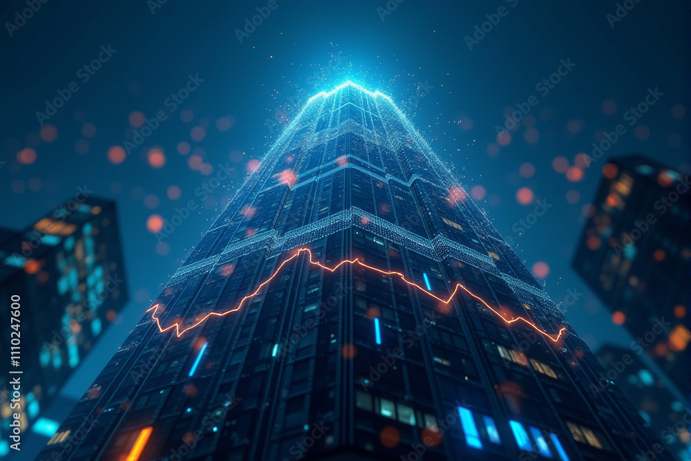 Obraz premium A futuristic cityscape with a glowing upward arrow rising from the skyline