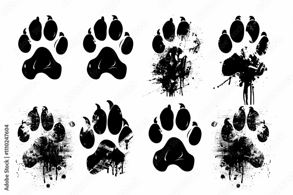 Fototapeta premium Paw footprint icon, animal foot print, dog graffiti spray step, wolf trail, bear trace silhouette, paw footprint